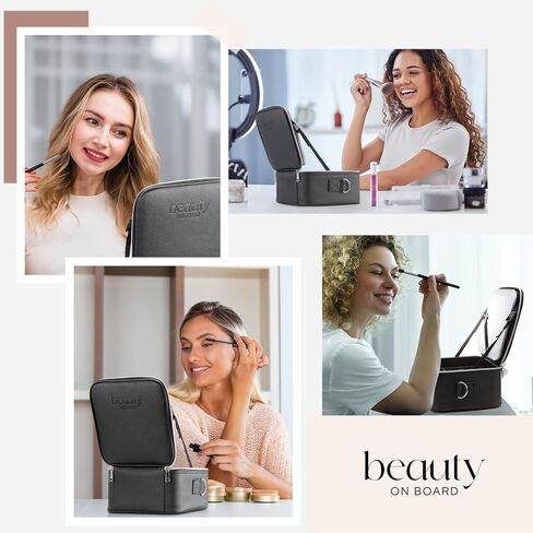 Travel Makeup Bag with LED Mirror, PU Leather Makeup Case - 3 Adjustable Brightness Levels, Lighted Cosmetic Case with Mirror, Dividers - Make Up Portable Storage Organizer with Handle in Saudi Arabia