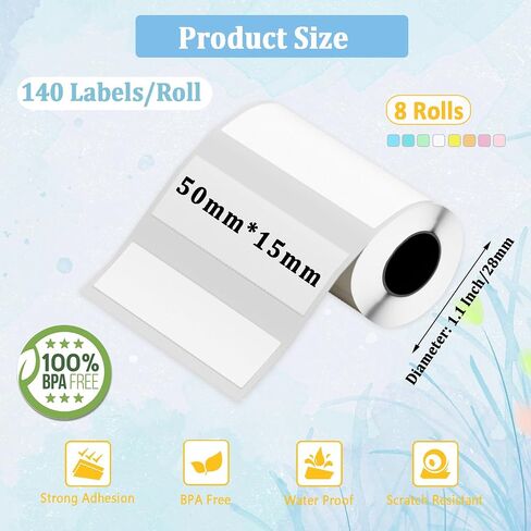 Mini Thermal Printer - 8 Rolls 50x15mm White Self-Adhesive Label Maker Tape for Portable Printer, Sticker Labels for Home Office School Organization in Saudi Arabia