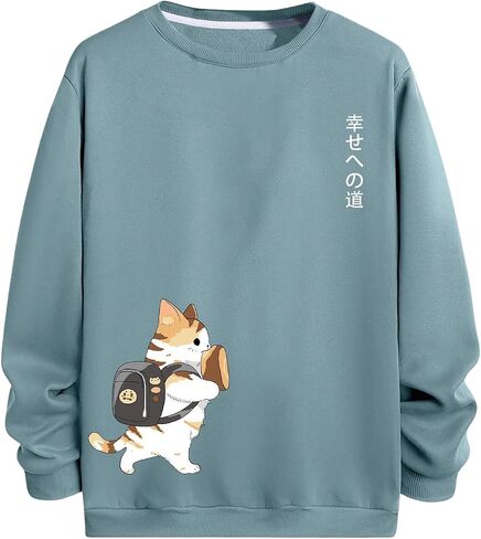 OYOANGLE Men's Letter Cartoon Print Sweatshirt Round Neck Long Sleeve Pullover Sweatshirts in Saudi Arabia