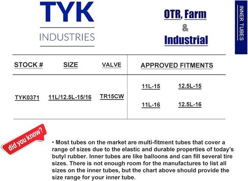 (2 حزمة) 15 بوصة/16 بوصة ، قم بتنفيذ الأنبوب الداخلي للإطارات مع صمام TR15CW STEM 11L-15 ، 11L-16 ، 12.5L-16 للاستخدام مع الهواء أو السائل بواسطة Tyk Industries in Saudi Arabia