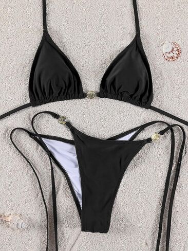 Women Thong Bikini Sets String Halter Two Piece Sexy Swimsuit Cheeky Solid Color Bathing Suit in Saudi Arabia
