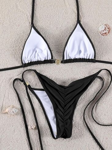 Women Thong Bikini Sets String Halter Two Piece Sexy Swimsuit Cheeky Solid Color Bathing Suit in Saudi Arabia