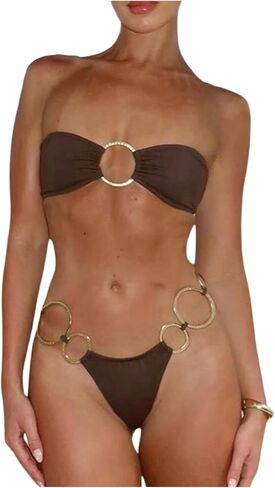 MakeMeChic Women's Strapless Bikini Set Bandeau Ring Linked Tie Side Bathing Suit in Saudi Arabia
