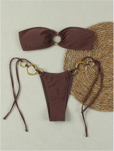 MakeMeChic Women's Strapless Bikini Set Bandeau Ring Linked Tie Side Bathing Suit in Saudi Arabia