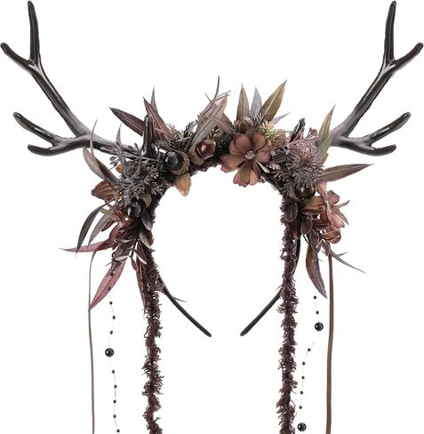 MOSTORY Flower Reindeer Headband for Women - Floral Antler Headpiece Woodland Deer Horns Hairband for Renaissance Cosplay in Kuwait