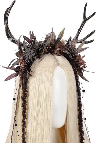 MOSTORY Flower Reindeer Headband for Women - Floral Antler Headpiece Woodland Deer Horns Hairband for Renaissance Cosplay in Kuwait