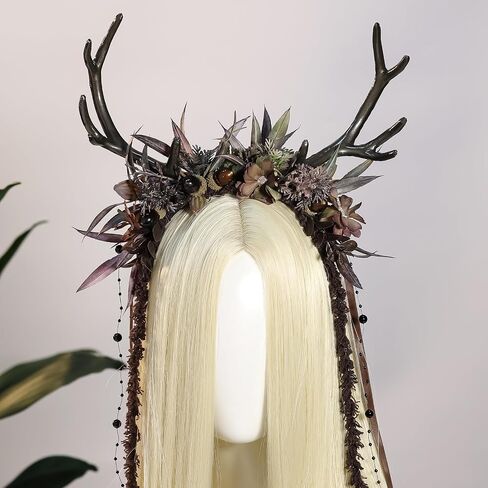 MOSTORY Flower Reindeer Headband for Women - Floral Antler Headpiece Woodland Deer Horns Hairband for Renaissance Cosplay in Kuwait
