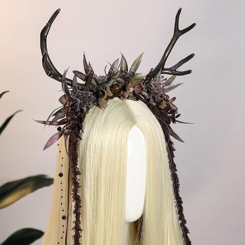 MOSTORY Flower Reindeer Headband for Women - Floral Antler Headpiece Woodland Deer Horns Hairband for Renaissance Cosplay in Kuwait