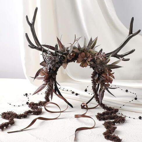 MOSTORY Flower Reindeer Headband for Women - Floral Antler Headpiece Woodland Deer Horns Hairband for Renaissance Cosplay in Kuwait