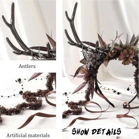 MOSTORY Flower Reindeer Headband for Women - Floral Antler Headpiece Woodland Deer Horns Hairband for Renaissance Cosplay in Kuwait