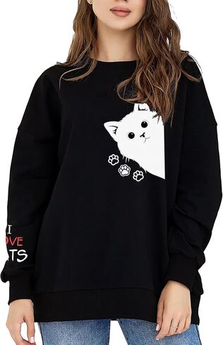 المرأة الرسومية القط التطريز Crewneck Sweatshirts مضحك مخالب pullover tops قطة المحبي in Saudi Arabia