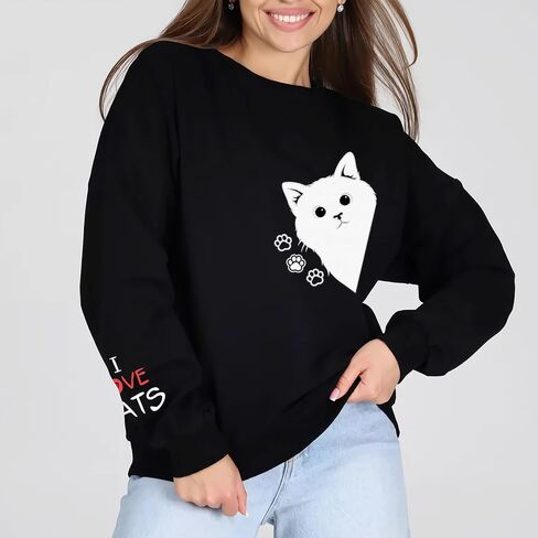 المرأة الرسومية القط التطريز Crewneck Sweatshirts مضحك مخالب pullover tops قطة المحبي in Saudi Arabia