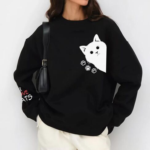 المرأة الرسومية القط التطريز Crewneck Sweatshirts مضحك مخالب pullover tops قطة المحبي in Saudi Arabia