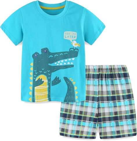 HILEELANG Toddler Boy Short Sets Easter Summer Cotton Casual White Rainbow Tee Blue Adjust Shorts Outfits Clothing 4T in Kuwait