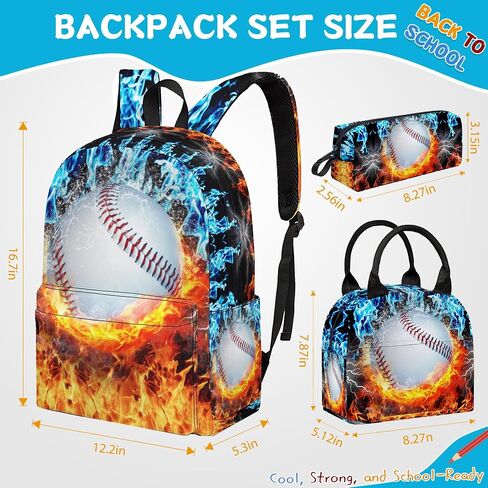 3Pcs Baseball Backpacks for Boys Girls, Kids Backpack with Lunch Bag Pencil Case, 17 Inch Backpack Set Large Capacity Bookbag School Bag for Teen Elementary Middle High School in Saudi Arabia