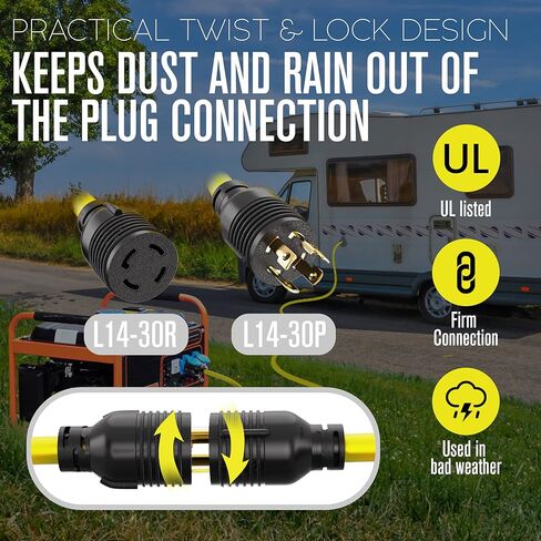 Houseables 30 Amp Generator Cord 4 Prong, Extension Generator Cable, 25 Ft, 125-250v, 7500 watt max Rating, UL CUL, NEMA L-14-30P, Rubber, 10 Gauge, Heavy Duty, L14-30, Transfer, Twist Lock Power Cord in Kuwait