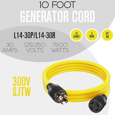 Houseables 30 Amp Generator Cord 4 Prong, Extension Generator Cable, 25 Ft, 125-250v, 7500 watt max Rating, UL CUL, NEMA L-14-30P, Rubber, 10 Gauge, Heavy Duty, L14-30, Transfer, Twist Lock Power Cord in Kuwait