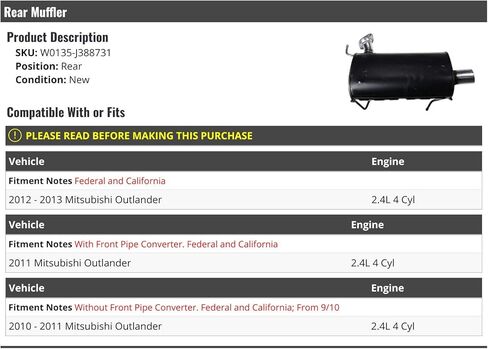 Rear Muffler - Compatible with 2010-2013 Mitsubishi Outlander 2.4L 4-Cylinder in Saudi Arabia