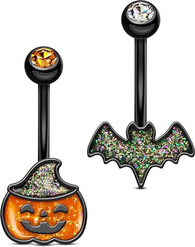 Oufer 2pcs حلقات زر Halloween Belly ، خفافيش اليقطين الخفافيش الجراحية الفولاذ المقاوم المقاوم للصدأ الزر الثقب مجوهرات للنساء الرجال ، مجوهرات ثقب السرة البرتقالية ، 14 جرام من المنحنى السوداء -10 ملم in Saudi Arabia