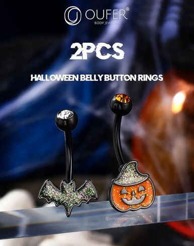 Oufer 2pcs حلقات زر Halloween Belly ، خفافيش اليقطين الخفافيش الجراحية الفولاذ المقاوم المقاوم للصدأ الزر الثقب مجوهرات للنساء الرجال ، مجوهرات ثقب السرة البرتقالية ، 14 جرام من المنحنى السوداء -10 ملم in Saudi Arabia