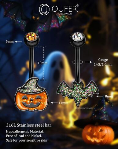 Oufer 2pcs حلقات زر Halloween Belly ، خفافيش اليقطين الخفافيش الجراحية الفولاذ المقاوم المقاوم للصدأ الزر الثقب مجوهرات للنساء الرجال ، مجوهرات ثقب السرة البرتقالية ، 14 جرام من المنحنى السوداء -10 ملم in Saudi Arabia