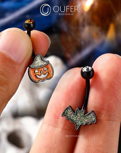 Oufer 2pcs حلقات زر Halloween Belly ، خفافيش اليقطين الخفافيش الجراحية الفولاذ المقاوم المقاوم للصدأ الزر الثقب مجوهرات للنساء الرجال ، مجوهرات ثقب السرة البرتقالية ، 14 جرام من المنحنى السوداء -10 ملم in Saudi Arabia