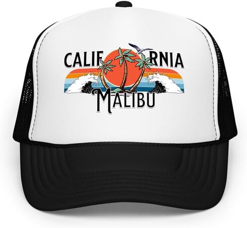 Malibu California Trucker Hat | Vintage Surf Sunset Design with Palm Trees | Adjustable Mesh Cap | Beach Gift in Saudi Arabia