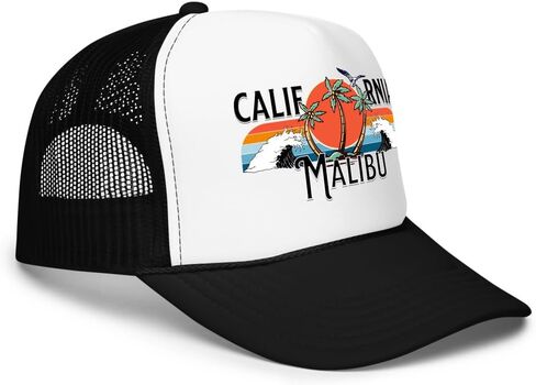Malibu California Trucker Hat | Vintage Surf Sunset Design with Palm Trees | Adjustable Mesh Cap | Beach Gift in Saudi Arabia