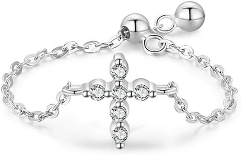 Kokoma Sterling Silver Cross Ring for Women Dangle Ball Drop Link Chain Stacking Rings Promise Engagement Statement Finger Band Minimalist Jewelry in Saudi Arabia