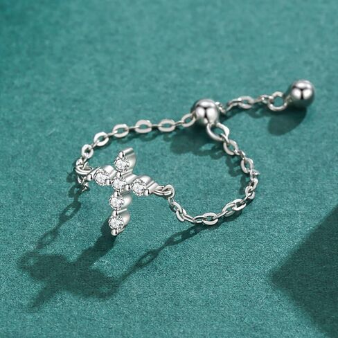 Kokoma Sterling Silver Cross Ring for Women Dangle Ball Drop Link Chain Stacking Rings Promise Engagement Statement Finger Band Minimalist Jewelry in Saudi Arabia