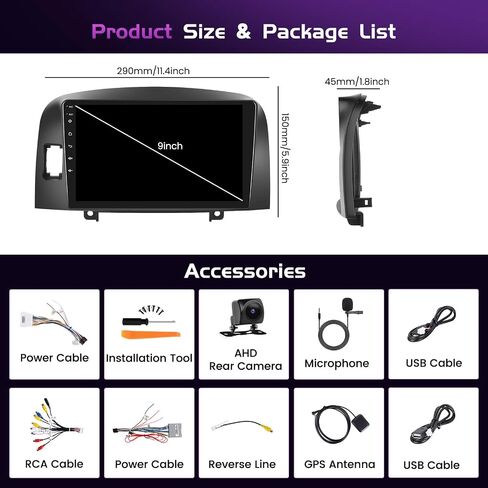 Fuluku【2+64G】 for Hyundai Sonata 2004-2008 Android 13 Car Stereo with Wireless Carplay Android Auto Mirror Link, 9’Touchscreen Radio WiFi/GPS/FM/RDS/Bluetooth/SWC/Waterproof Night Backup Cam Mic in Kuwait