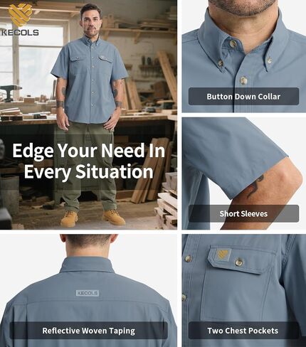 Mens Regular Fit Work Utility Shirt Midweight with Two Chest Pockets Wrinkle-Resistant Industrial Work Wear in Saudi Arabia