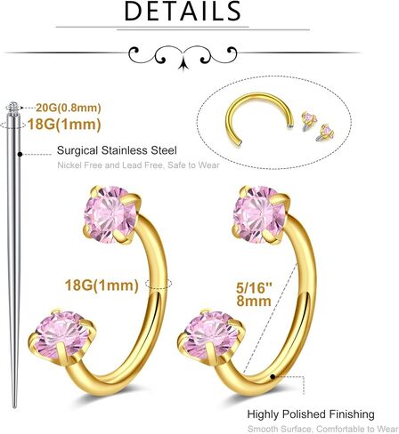 MODRSA Gold Horseshoe Nose Ring 18g Horse Shoe Nose Ring Hoop for Women Surgical Steel Half Hoop Earring Hoops Double Gem Tragus Hoops Labret Lip Helix Piercing Jewelry Septum Rings 18 gauge 8mm Pink in Saudi Arabia