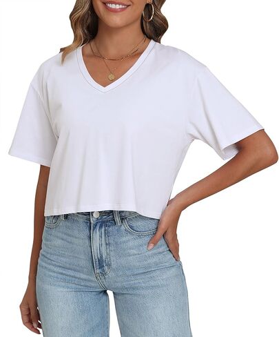 PRIMODA Women's Oversized Crop Tops Boxy V Neck Short Sleeve Cropped T Shirts Loose Summer Workout Crop Tee Tops in Saudi Arabia