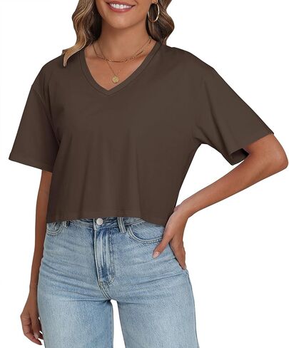 PRIMODA Women's Oversized Crop Tops Boxy V Neck Short Sleeve Cropped T Shirts Loose Summer Workout Crop Tee Tops in Saudi Arabia