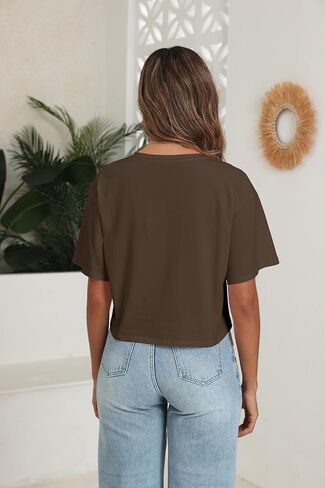 PRIMODA Women's Oversized Crop Tops Boxy V Neck Short Sleeve Cropped T Shirts Loose Summer Workout Crop Tee Tops in Saudi Arabia