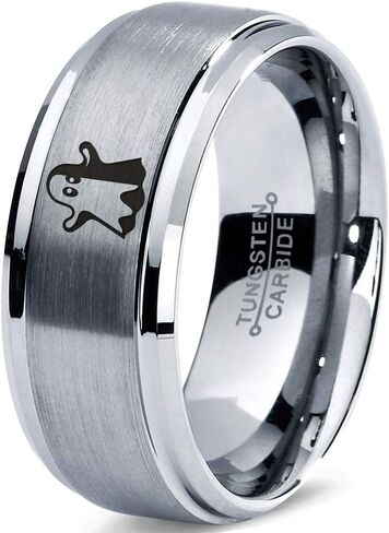 Scary Haunting Ghost Emoji Ring - Tungsten Band 8mm - Men - Women - 18k Rose Gold Step Bevel Edge - Yellow - Grey - Blue - Black - Brushed - Polished - Wedding - Gift Dome Flat in Saudi Arabia