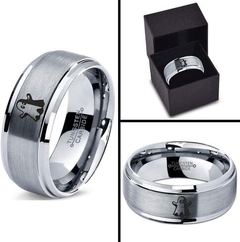 Scary Haunting Ghost Emoji Ring - Tungsten Band 8mm - Men - Women - 18k Rose Gold Step Bevel Edge - Yellow - Grey - Blue - Black - Brushed - Polished - Wedding - Gift Dome Flat in Saudi Arabia