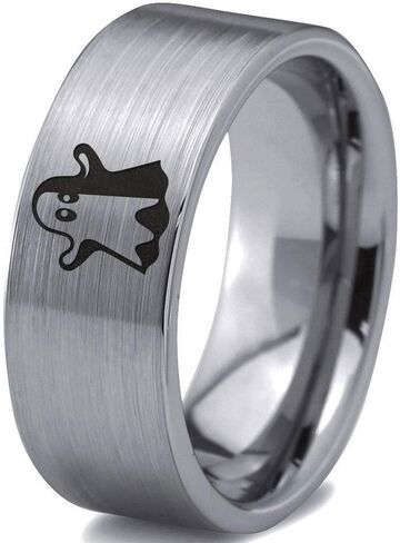 Scary Haunting Ghost Emoji Ring - Tungsten Band 8mm - Men - Women - 18k Rose Gold Step Bevel Edge - Yellow - Grey - Blue - Black - Brushed - Polished - Wedding - Gift Dome Flat in Saudi Arabia