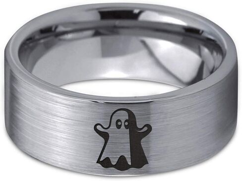 Scary Haunting Ghost Emoji Ring - Tungsten Band 8mm - Men - Women - 18k Rose Gold Step Bevel Edge - Yellow - Grey - Blue - Black - Brushed - Polished - Wedding - Gift Dome Flat in Saudi Arabia