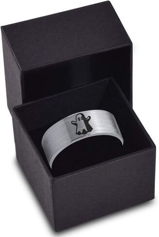 Scary Haunting Ghost Emoji Ring - Tungsten Band 8mm - Men - Women - 18k Rose Gold Step Bevel Edge - Yellow - Grey - Blue - Black - Brushed - Polished - Wedding - Gift Dome Flat in Saudi Arabia