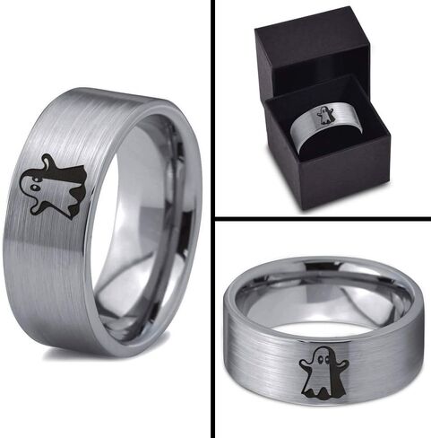 Scary Haunting Ghost Emoji Ring - Tungsten Band 8mm - Men - Women - 18k Rose Gold Step Bevel Edge - Yellow - Grey - Blue - Black - Brushed - Polished - Wedding - Gift Dome Flat in Saudi Arabia