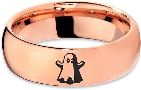 Scary Haunting Ghost Emoji Ring - Tungsten Band 8mm - Men - Women - 18k Rose Gold Step Bevel Edge - Yellow - Grey - Blue - Black - Brushed - Polished - Wedding - Gift Dome Flat in Saudi Arabia