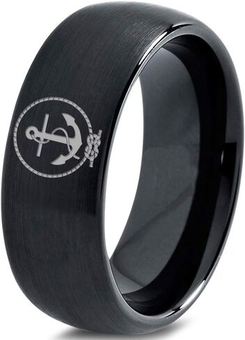Anchor Sailor Rope Love Ring - Tungsten Band 8mm - Men - Women - 18k Rose Gold Step Bevel Edge - Yellow - Grey - Blue - Black - Brushed - Polished - Wedding - Gift Dome Flat Cut in Kuwait