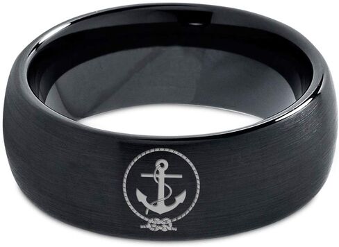 Anchor Sailor Rope Love Ring - Tungsten Band 8mm - Men - Women - 18k Rose Gold Step Bevel Edge - Yellow - Grey - Blue - Black - Brushed - Polished - Wedding - Gift Dome Flat Cut in Kuwait