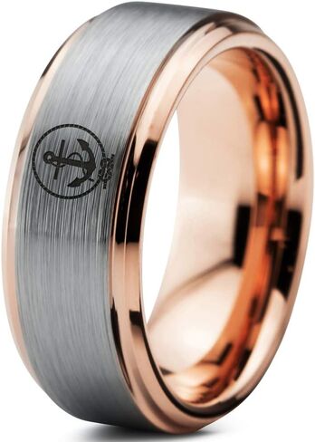 Anchor Sailor Rope Love Ring - Tungsten Band 8mm - Men - Women - 18k Rose Gold Step Bevel Edge - Yellow - Grey - Blue - Black - Brushed - Polished - Wedding - Gift Dome Flat Cut in Kuwait