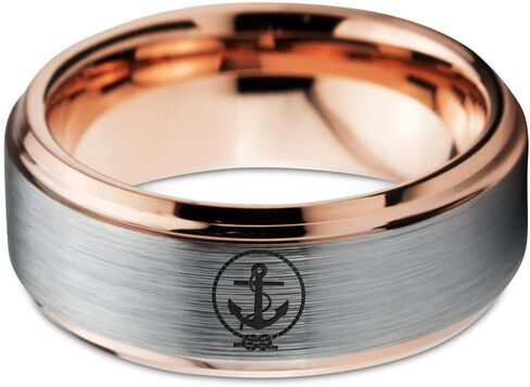 Anchor Sailor Rope Love Ring - Tungsten Band 8mm - Men - Women - 18k Rose Gold Step Bevel Edge - Yellow - Grey - Blue - Black - Brushed - Polished - Wedding - Gift Dome Flat Cut in Kuwait