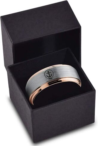 Anchor Sailor Rope Love Ring - Tungsten Band 8mm - Men - Women - 18k Rose Gold Step Bevel Edge - Yellow - Grey - Blue - Black - Brushed - Polished - Wedding - Gift Dome Flat Cut in Kuwait