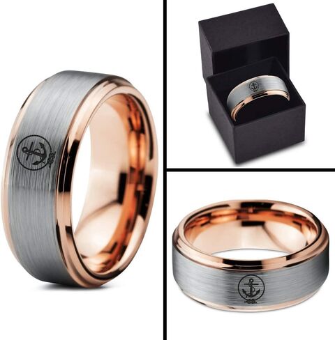 Anchor Sailor Rope Love Ring - Tungsten Band 8mm - Men - Women - 18k Rose Gold Step Bevel Edge - Yellow - Grey - Blue - Black - Brushed - Polished - Wedding - Gift Dome Flat Cut in Kuwait