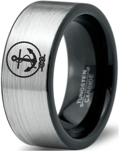 Anchor Sailor Rope Love Ring - Tungsten Band 8mm - Men - Women - 18k Rose Gold Step Bevel Edge - Yellow - Grey - Blue - Black - Brushed - Polished - Wedding - Gift Dome Flat Cut in Kuwait